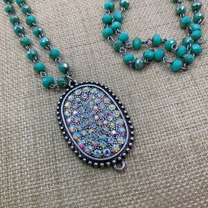 Plunder Designs Rhinestone Oval Pendant Turquoise Beaded Necklace